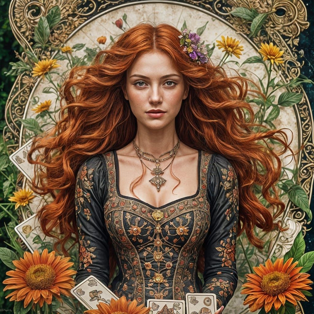 Red-Haired Woman with Tarot Cards in Impressionistic Style