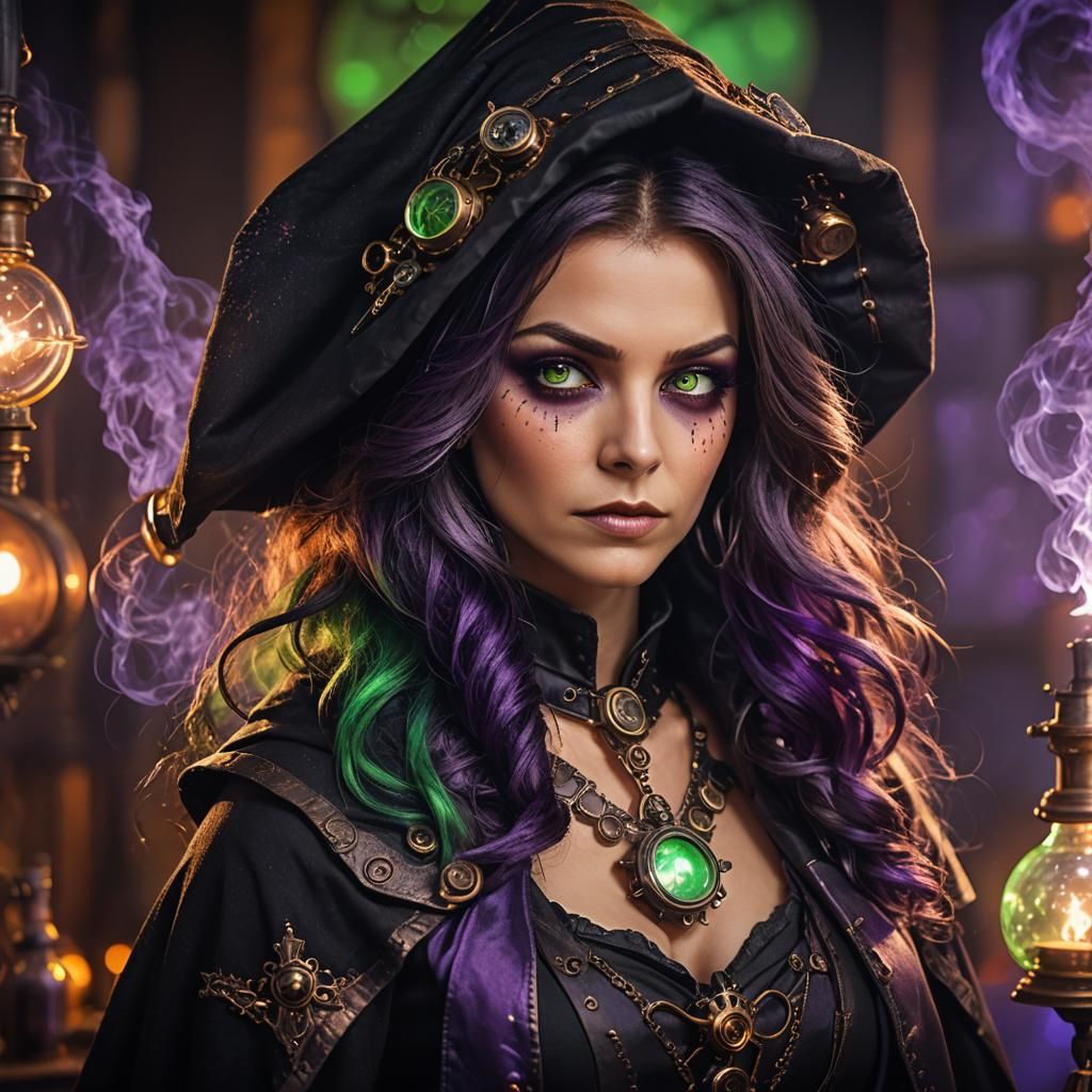Steampunk Witch Portrait with Glowing Eyes