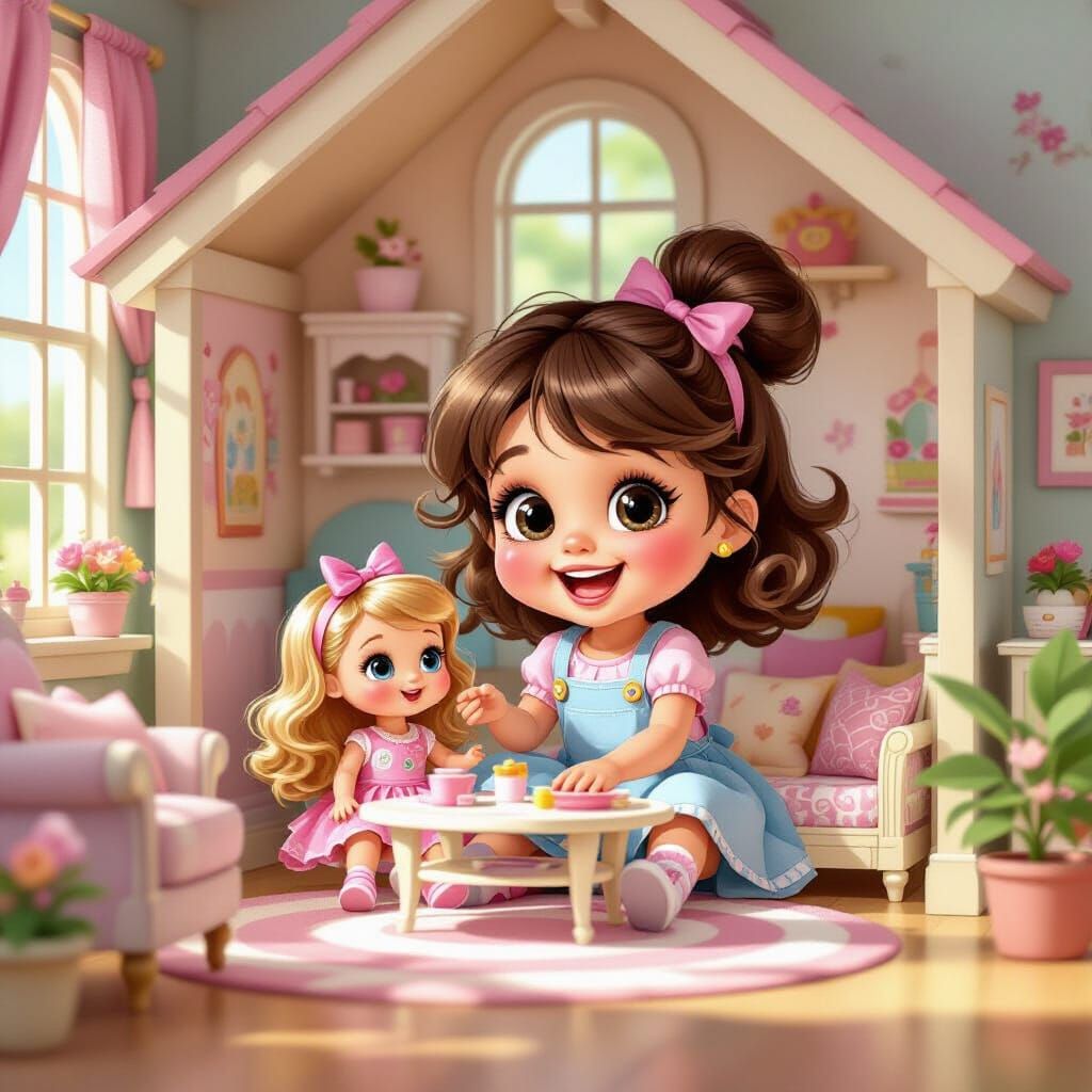 Joyful Girl Plays in Whimsical Dollhouse