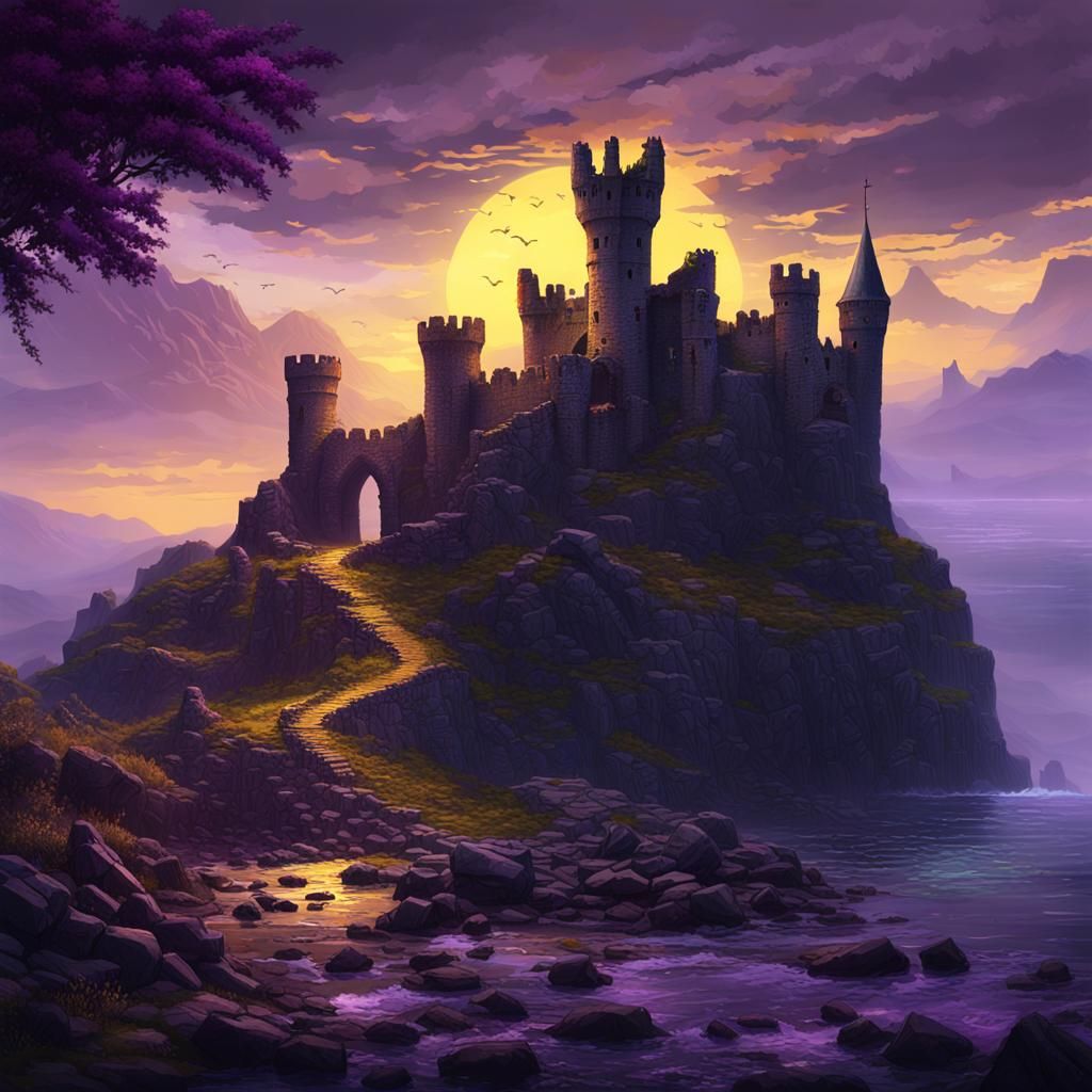 Castle Ruins by the Sea, Dark Fantasy Art