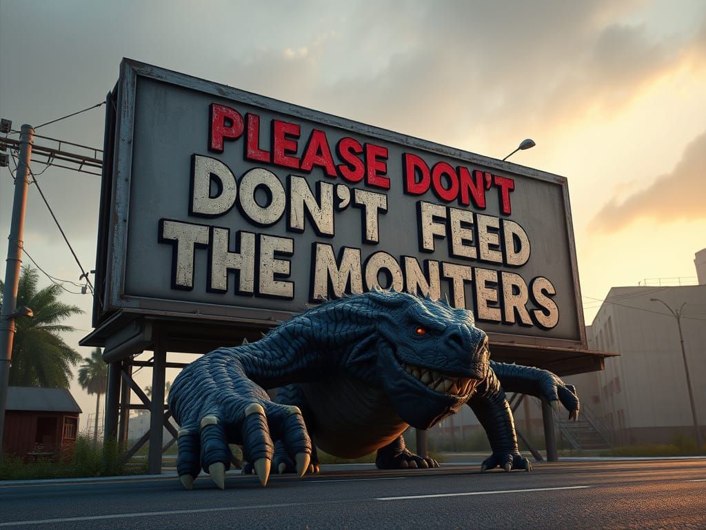 Monsters Lurk Behind Warning Billboard in 3D Pixar Style