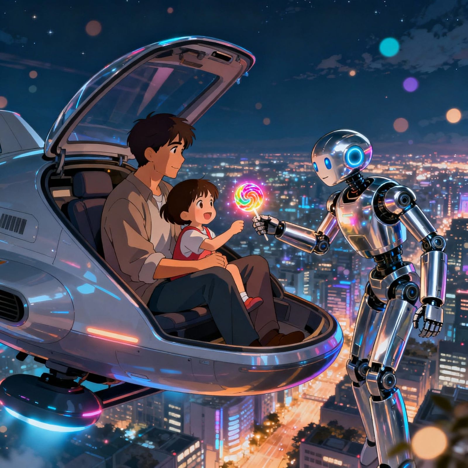 Father and Child in Futuristic Hovercraft with Robot