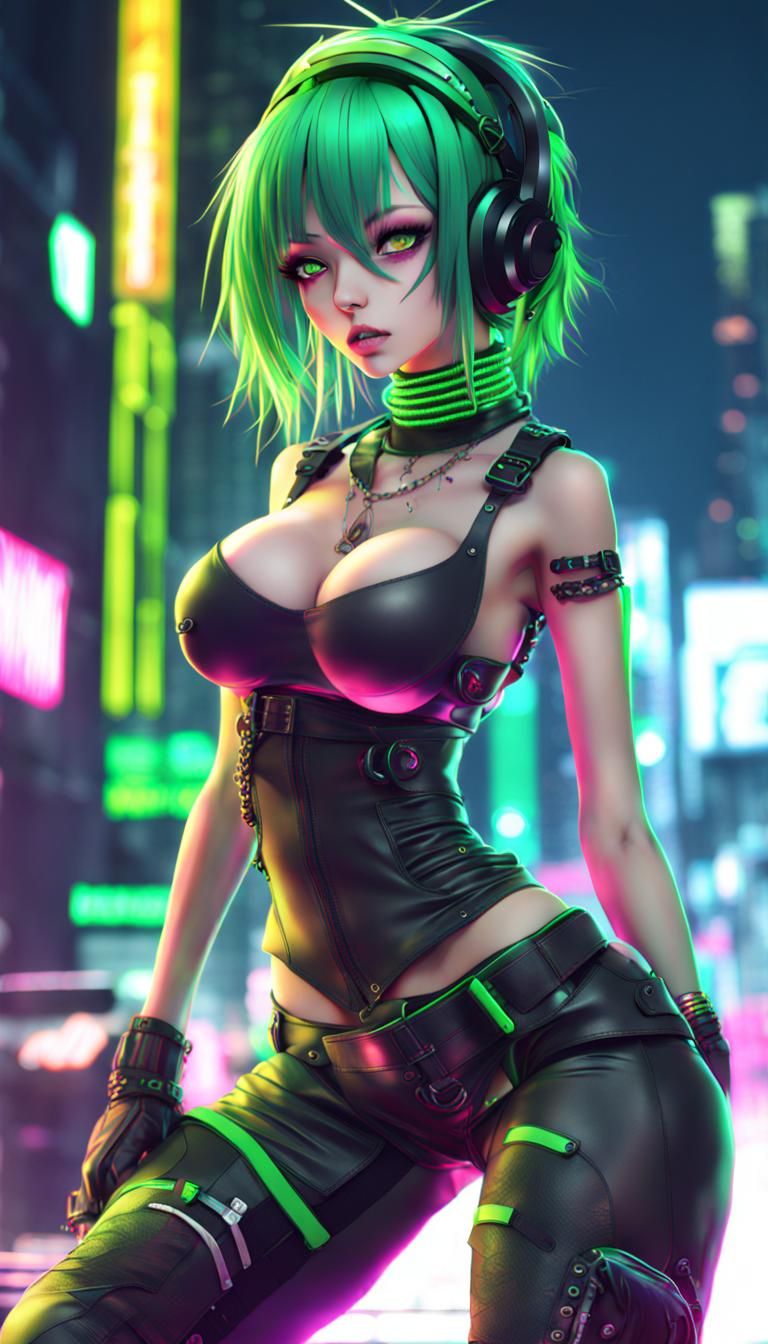 Cyberpunk Anime Girl with Neon Lights in 3D
