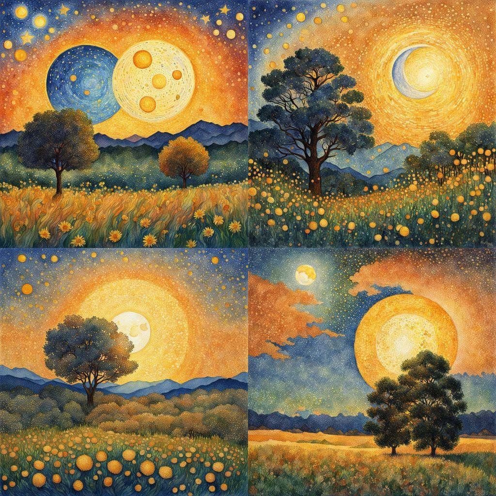 Sun and moon together Van Gogh pointillism watercolor golden...