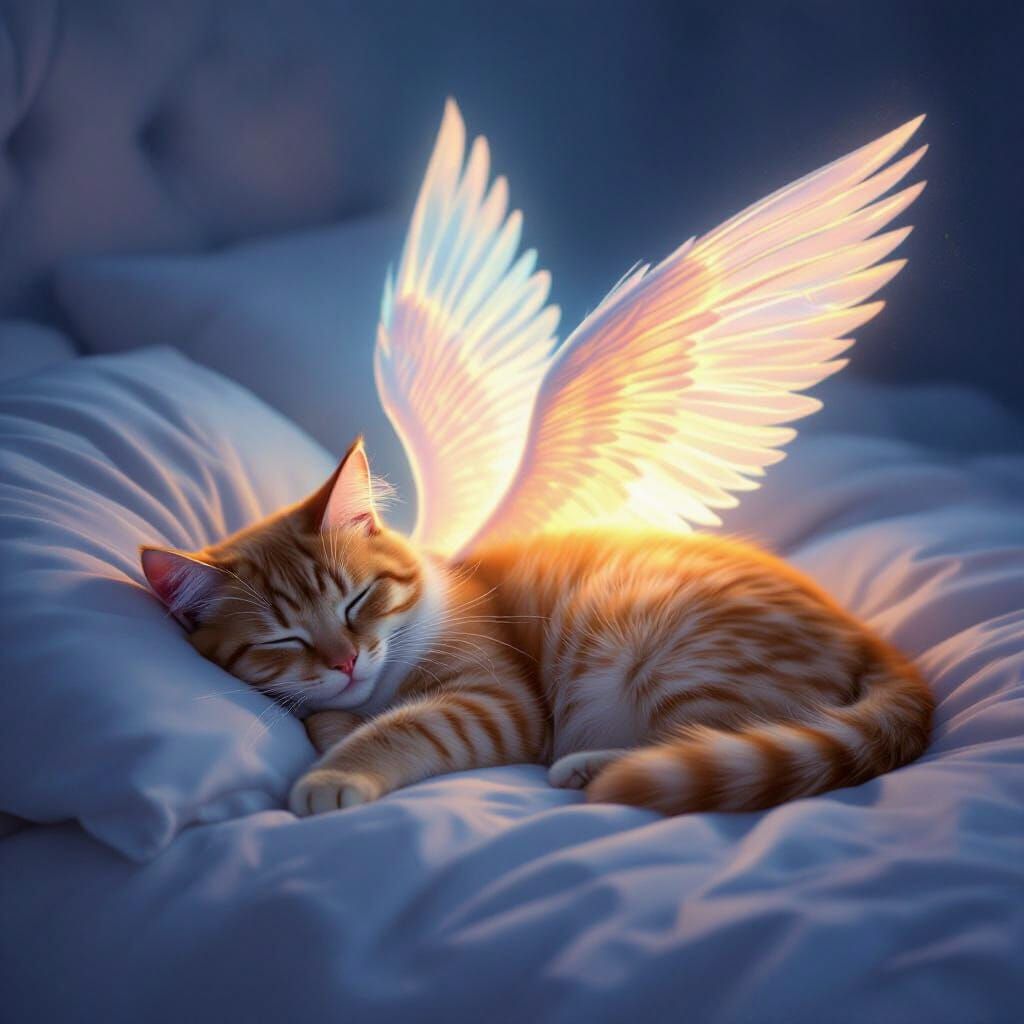 Spectral Angel Cat Sleeping on Bed in Moonlight