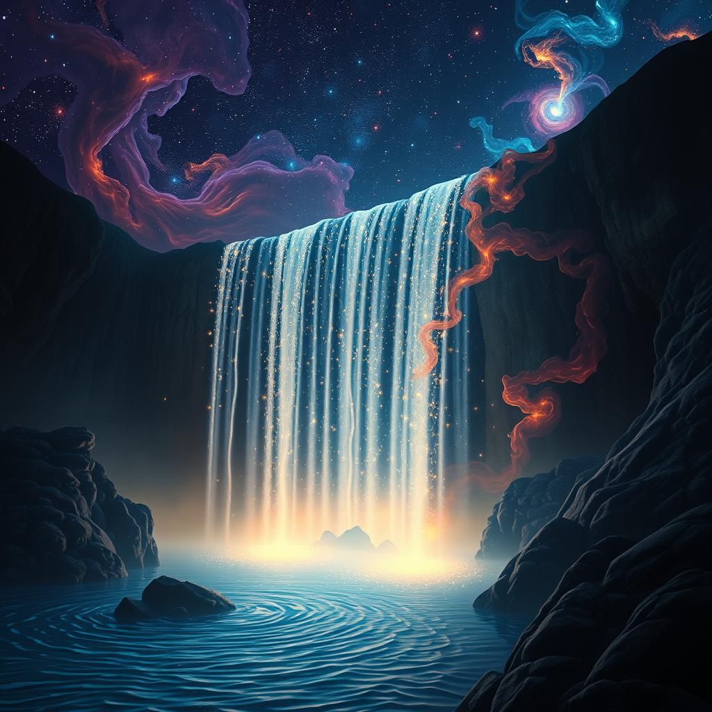 Cascading Starry Waterfall with Swirling Nebulae