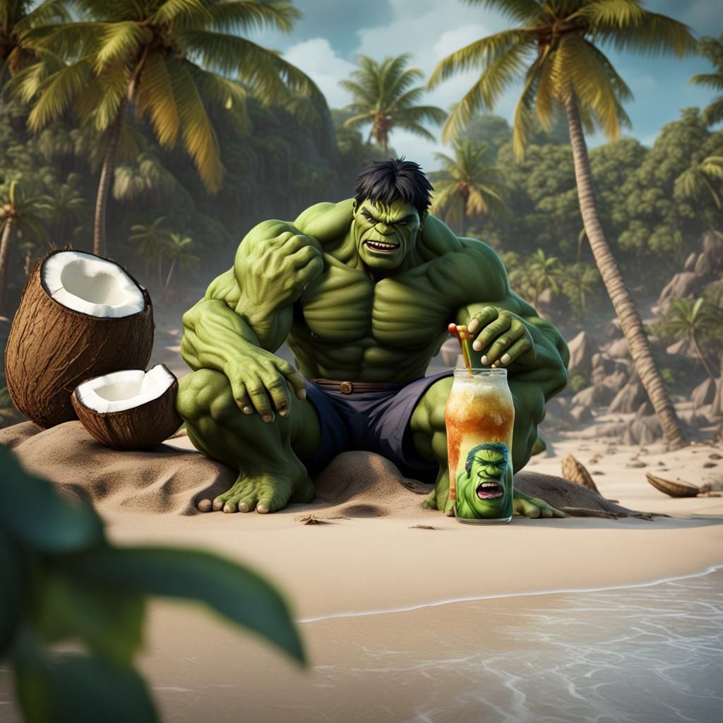 Hulk Relaxing on Beach: Detailed Matte Painting