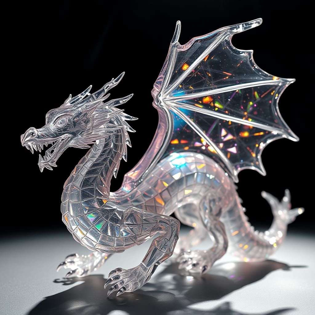 Iridescent Crystal Dragon Sculpture in Volumetric Light