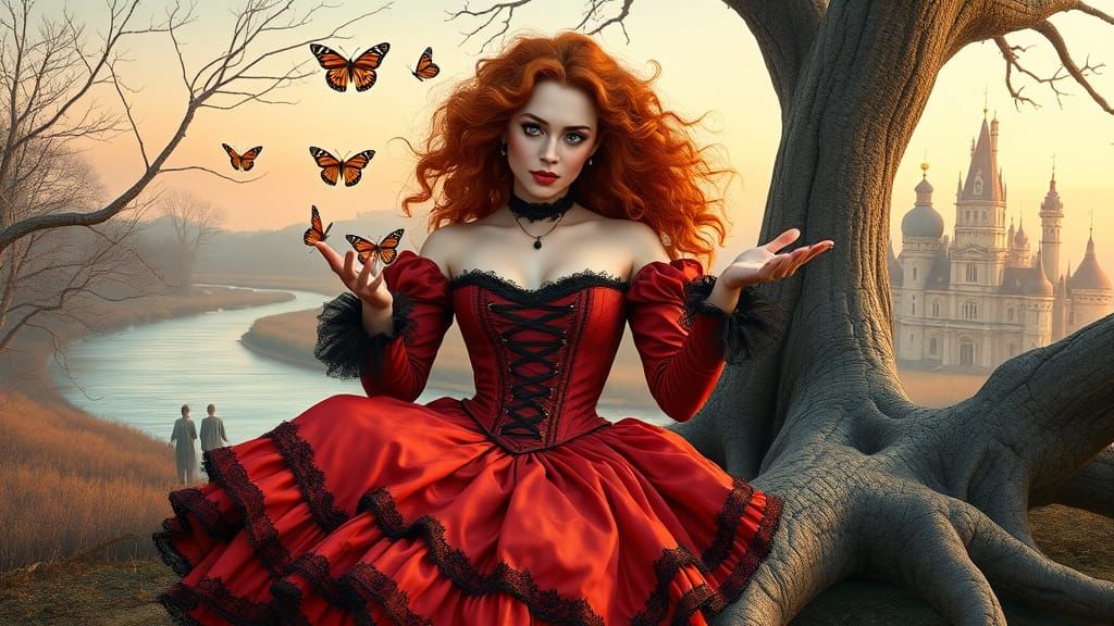Fantasy Gothic Woman with Butterflies in Autumn Scene