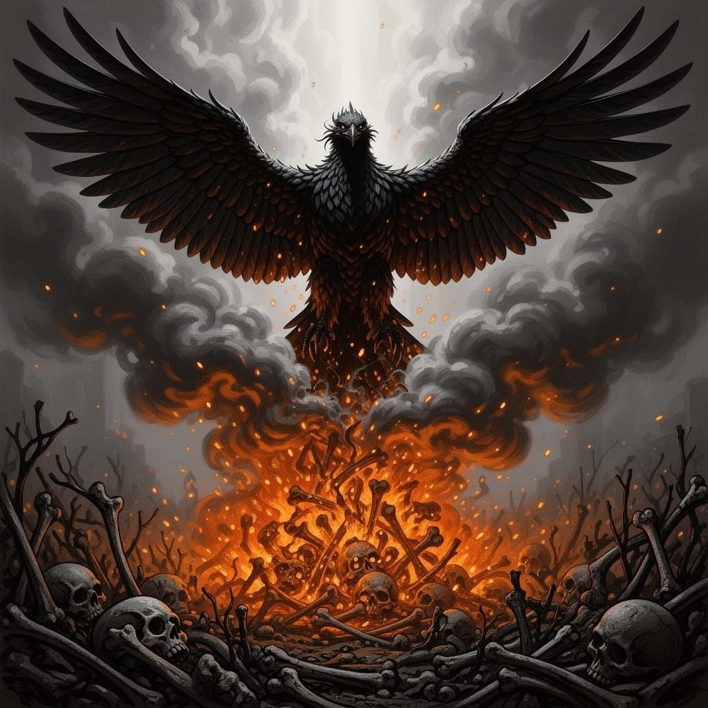 Black Phoenix Rises from Ashes in Dark Fantasy Style