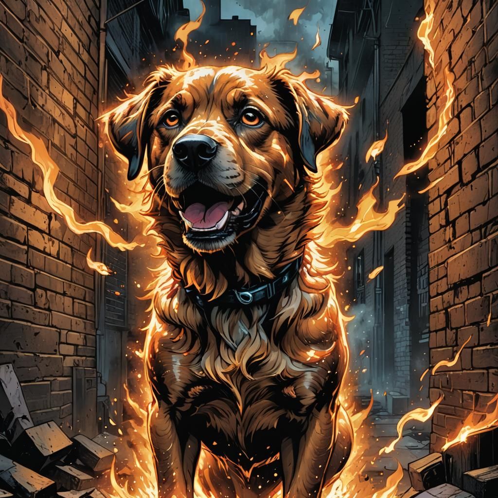 Fiery Canine Comic Book Art in Dark Alley