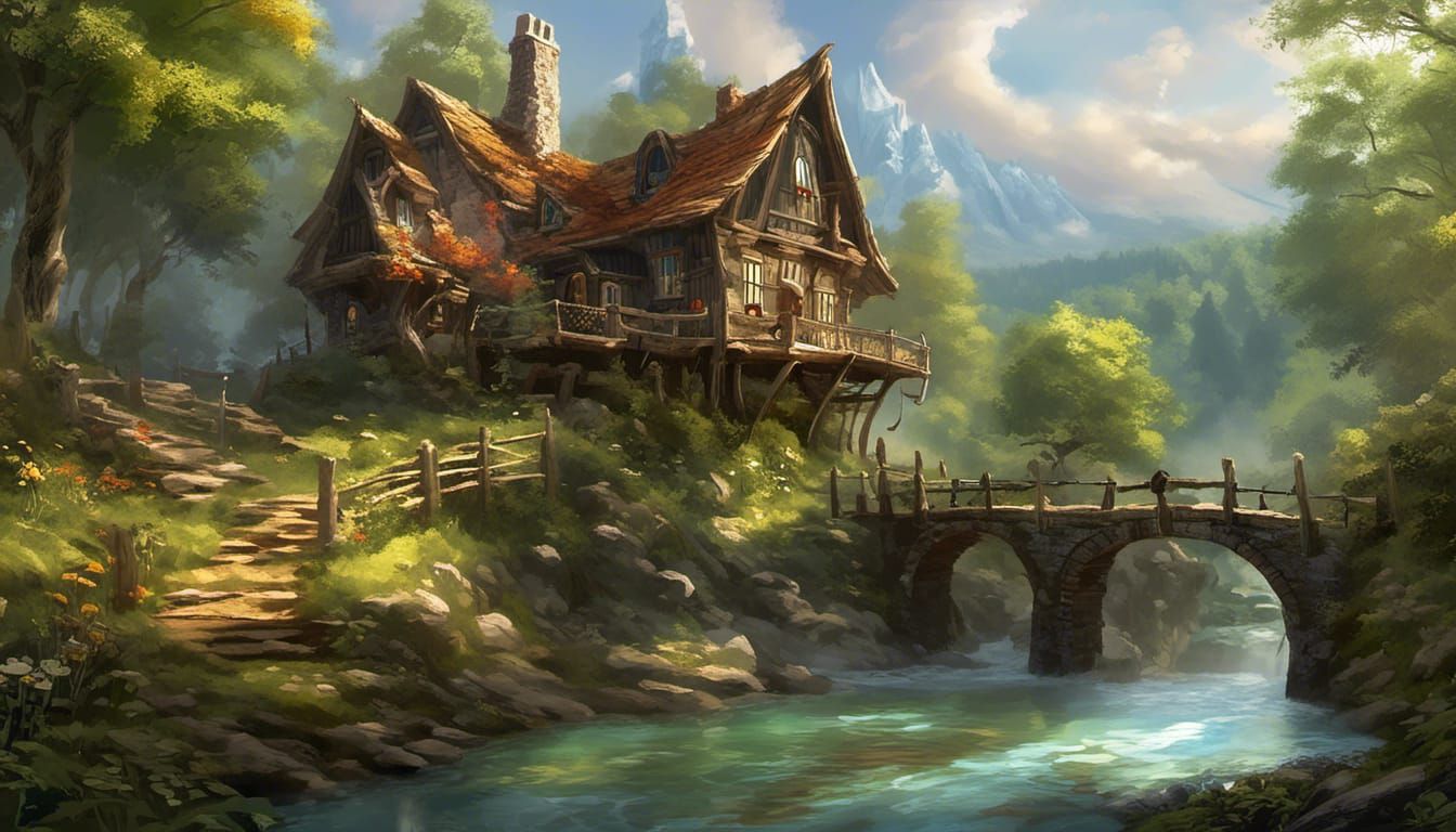 Pug in Fantasy Forest with Mushrooms and Stream