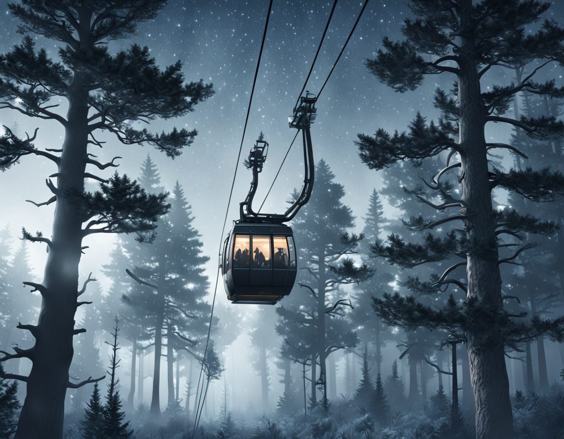 Night Forest View from Cable Car in Digital Art
