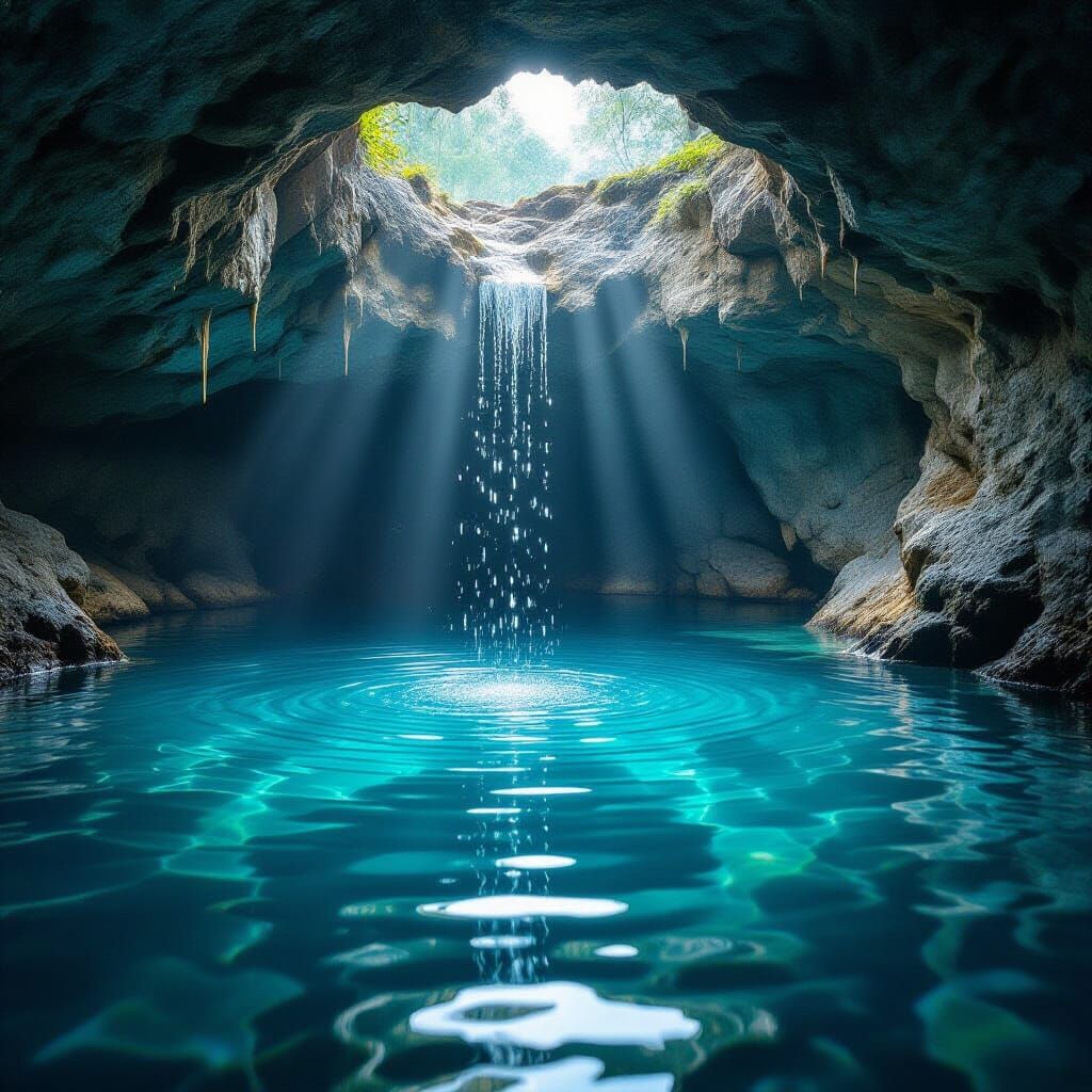 Serene Cave Lagoon with Dripping Water