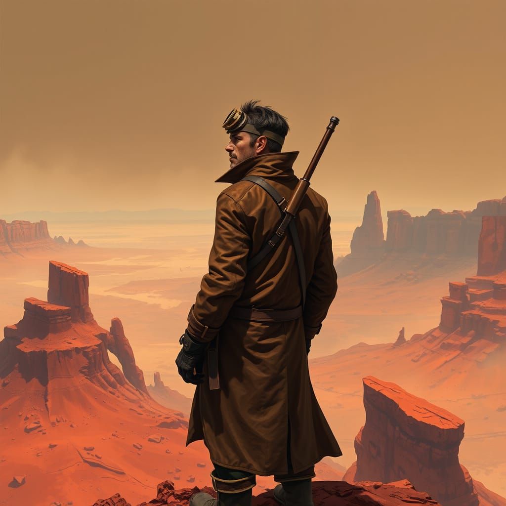Steampunk Explorer Gazes at Alien Landscape