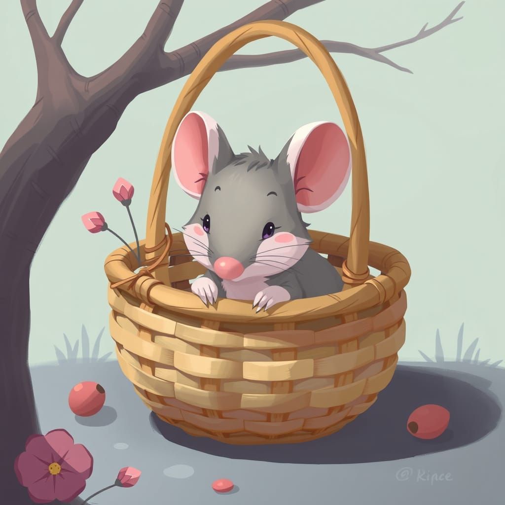 Mouse Hiding in Basket: Whimsical Artstation Concept