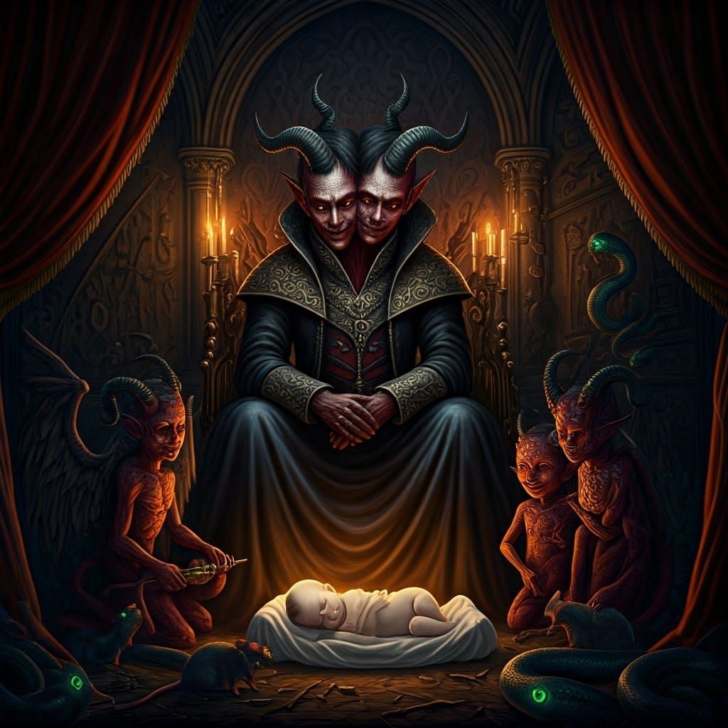 Two-Headed Demon in Gothic Nursery: Dark Baroque Style