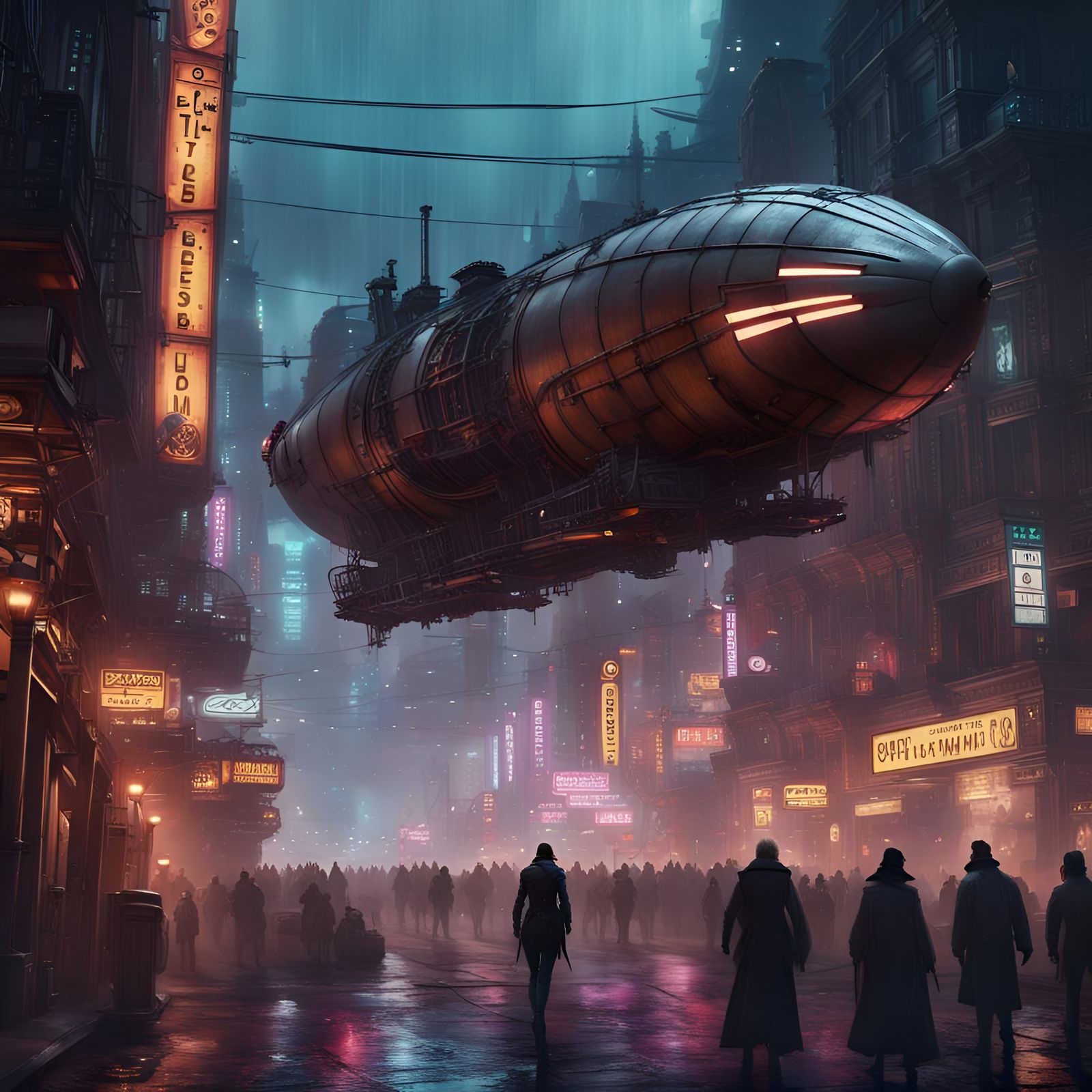 Steampunk Airship Over Cyberpunk Cityscape