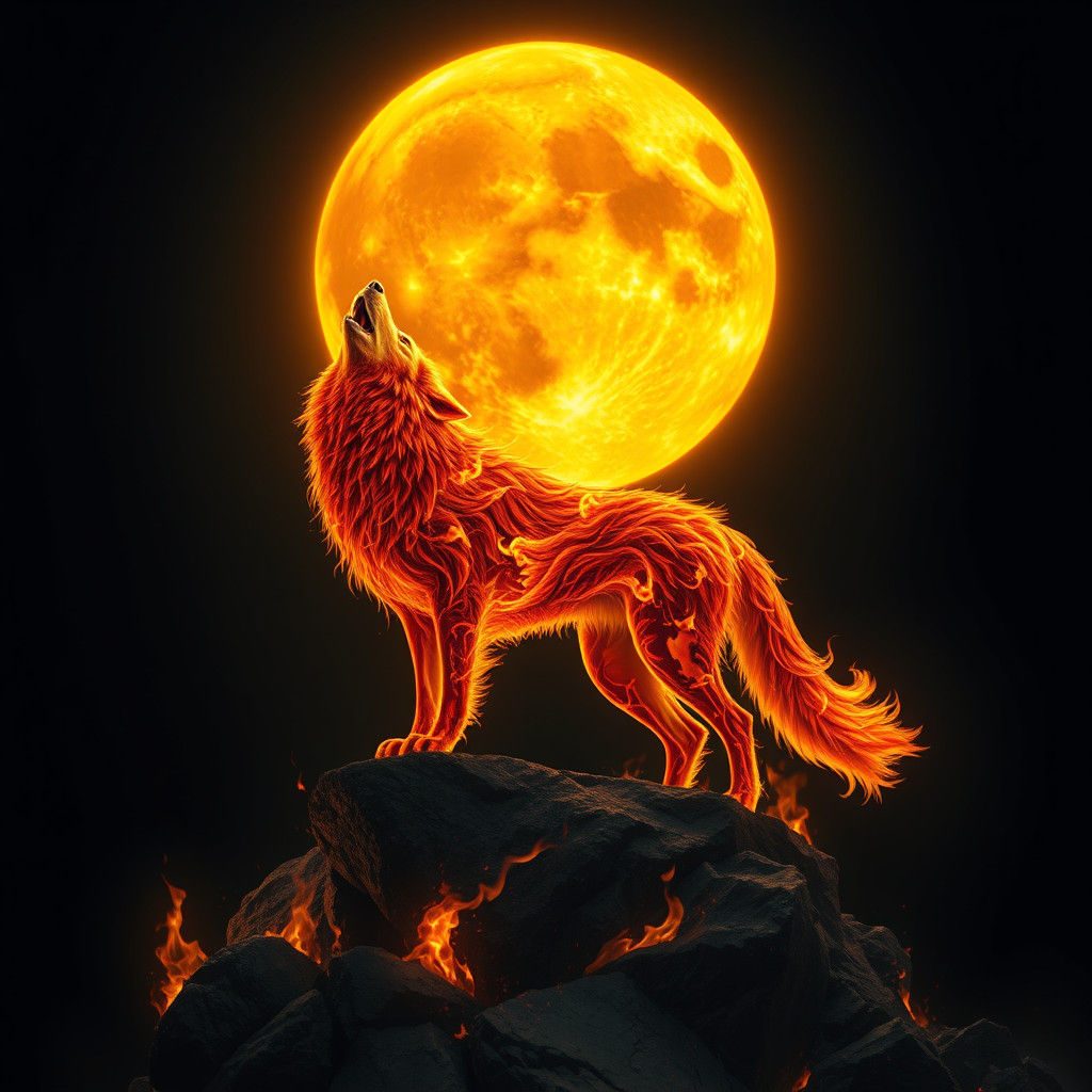 Fiery Wolf Howling at Blazing Moon