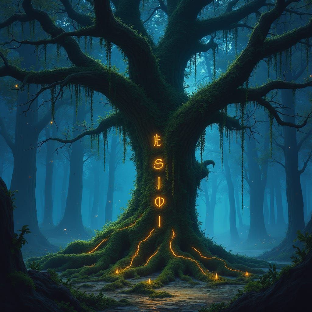 Ancient Tree with Glowing Runes in Mystical Forest