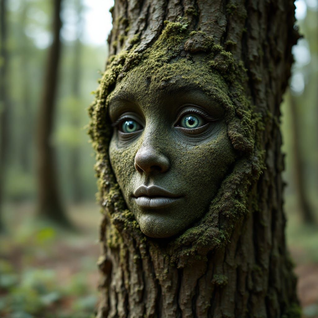 Surreal Face Growing from Tree Trunk