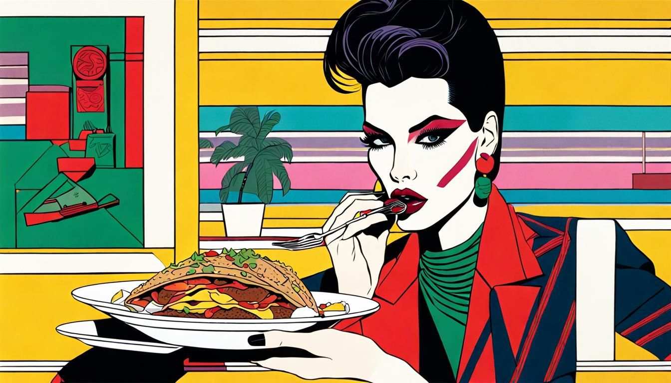 80s Fashion Model Eats Mexican Food, Art Deco Style