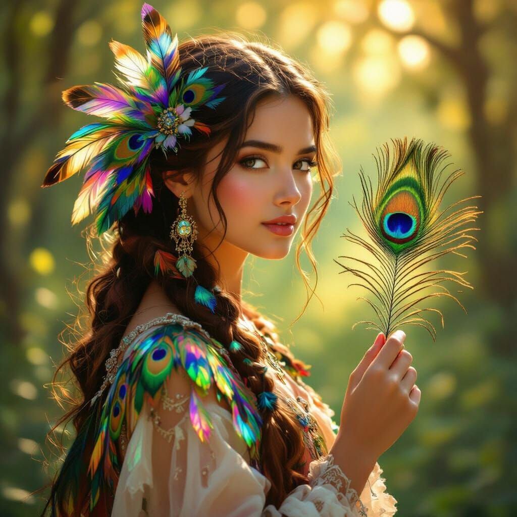 Woman Adorned with Iridescent Bird Feathers in Forest