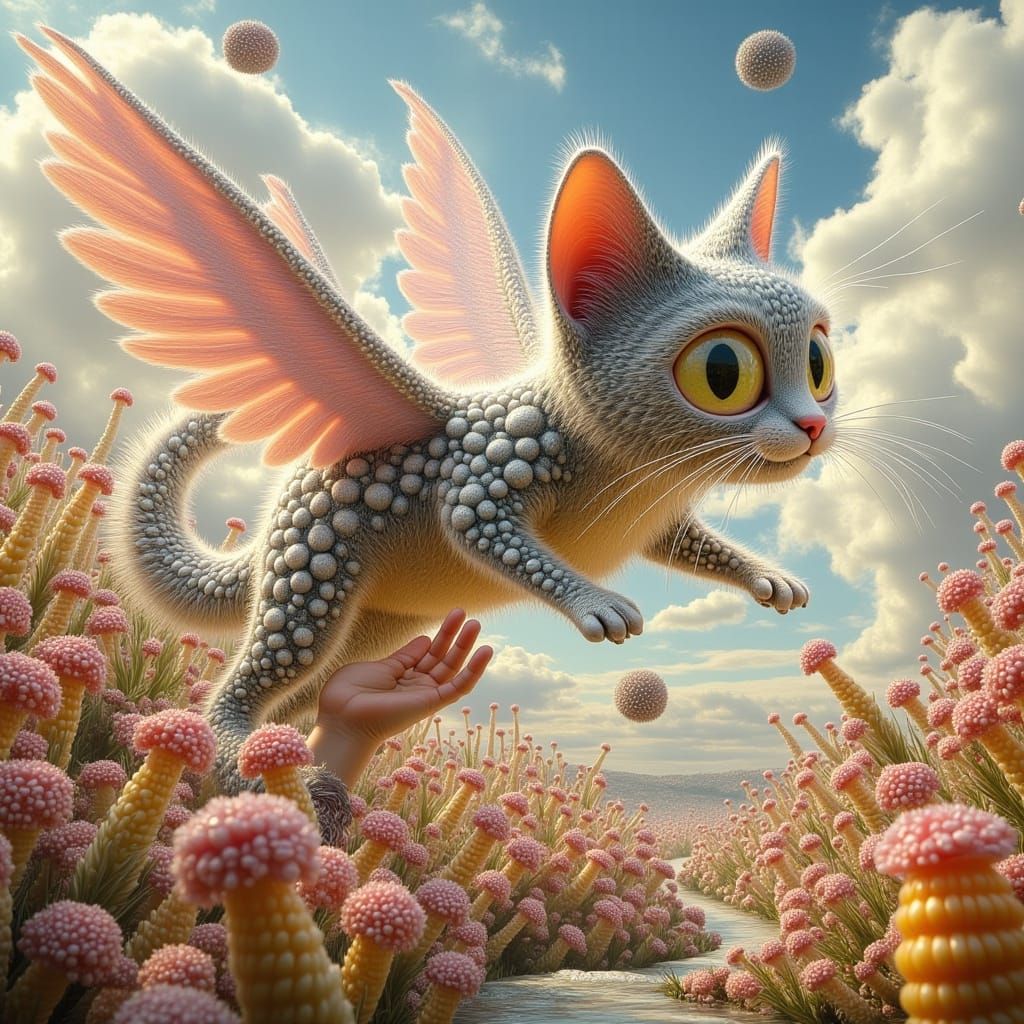 Winged Cat Soaring Over Flower Fields, Dreamscape