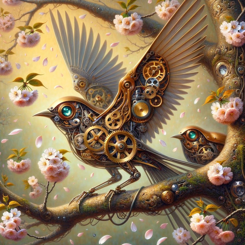 Clockwork Birds in Cherry Blossoms, Romantic Style