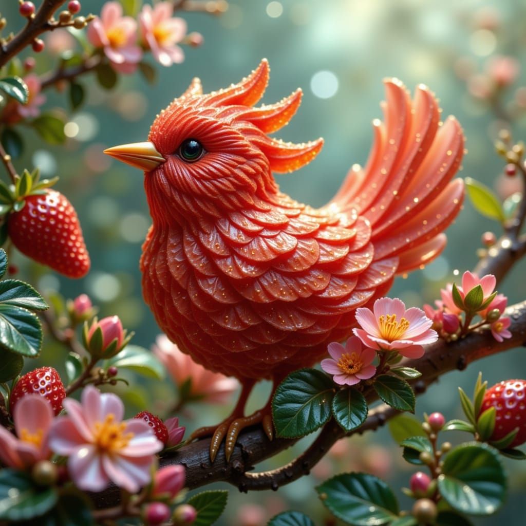 Sparkly Strawberry Bird with Crystalline Texture
