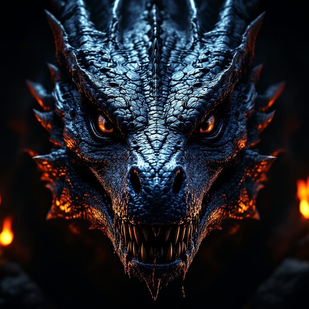 An extremely close-up, front on, dramatic view of a dragon's face, focusing on its sharp, menacing teeth with drool drip...