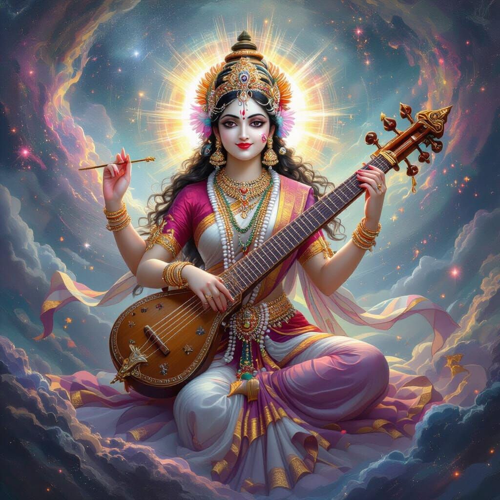 Goddess Saraswati Playing Veena in Celestial Music World