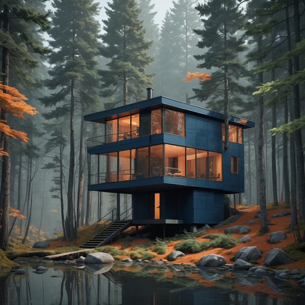 Modern Cabin in Forest: Minimalist Architecture Concept Art
