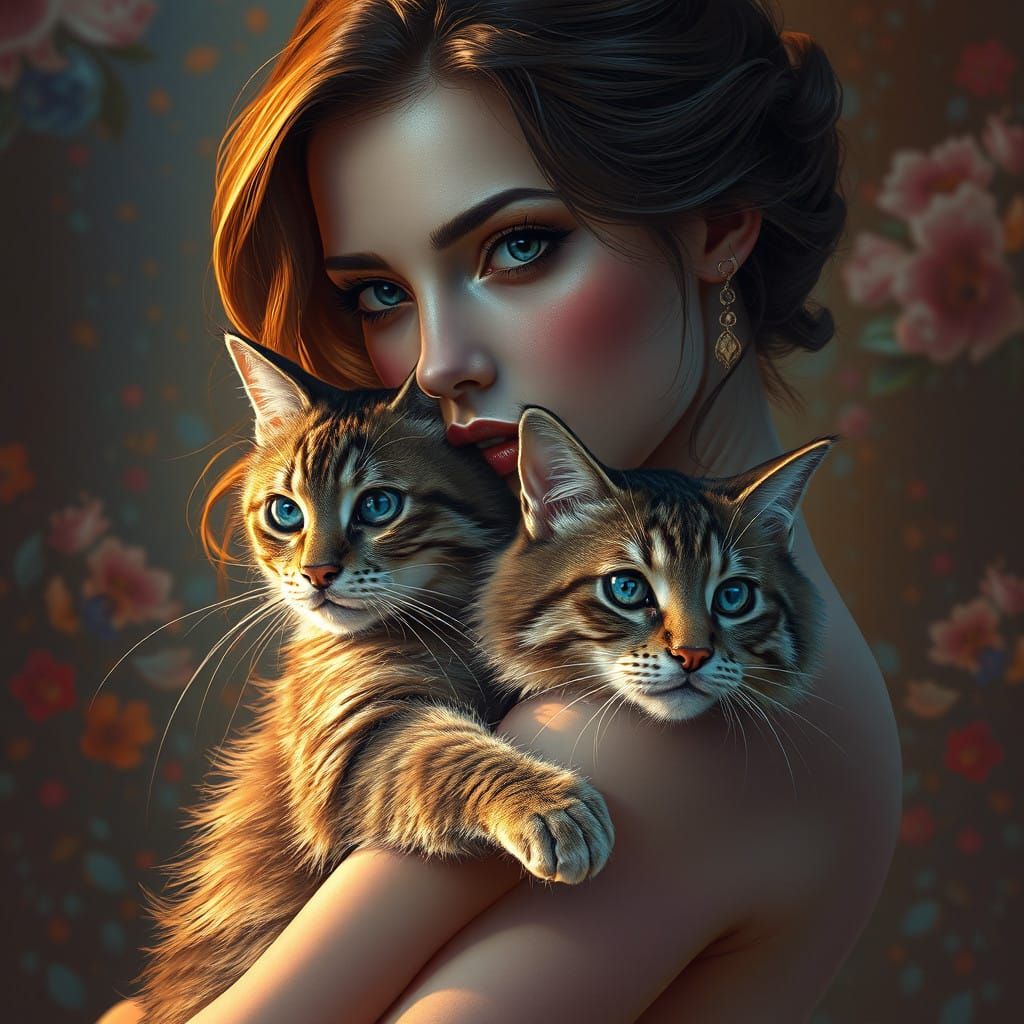 Surreal Woman Embracing a Feline Friend in Warm, Vibrant Col...