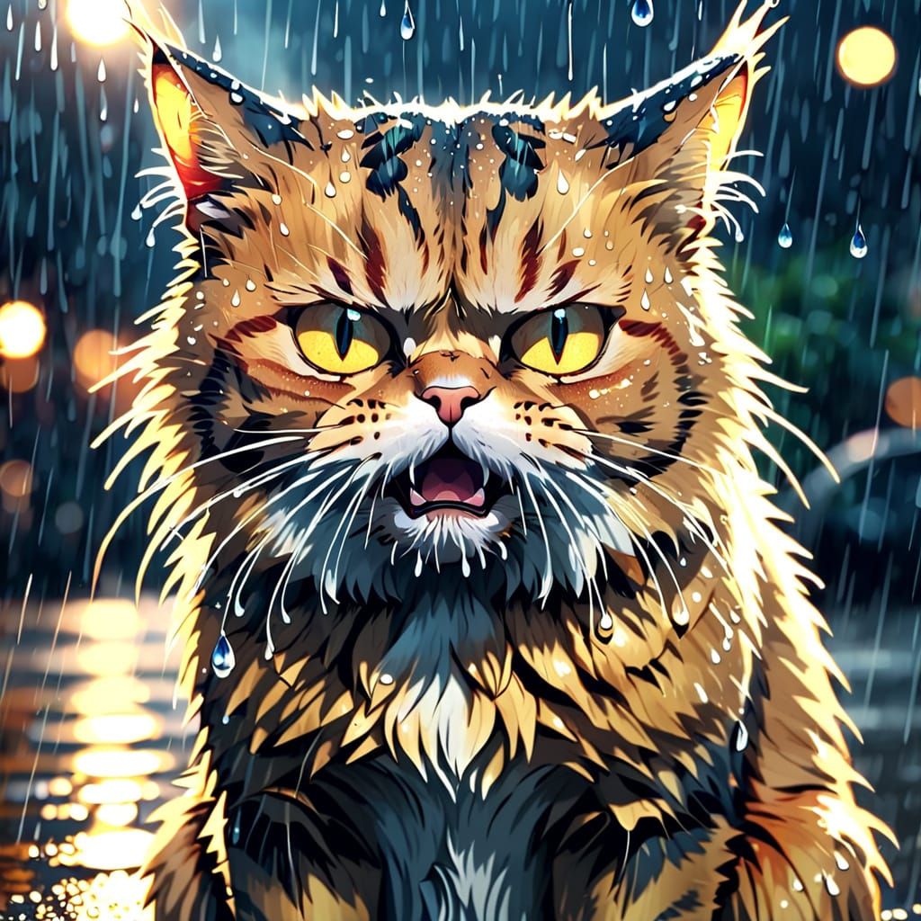 Angry drenched orange cat anime style