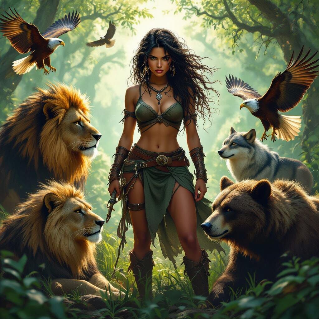 Wild Woman With Predators In Ancient Forest