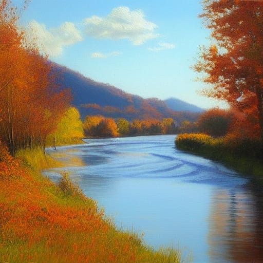 Autumn River Scene in Oil Painting Style