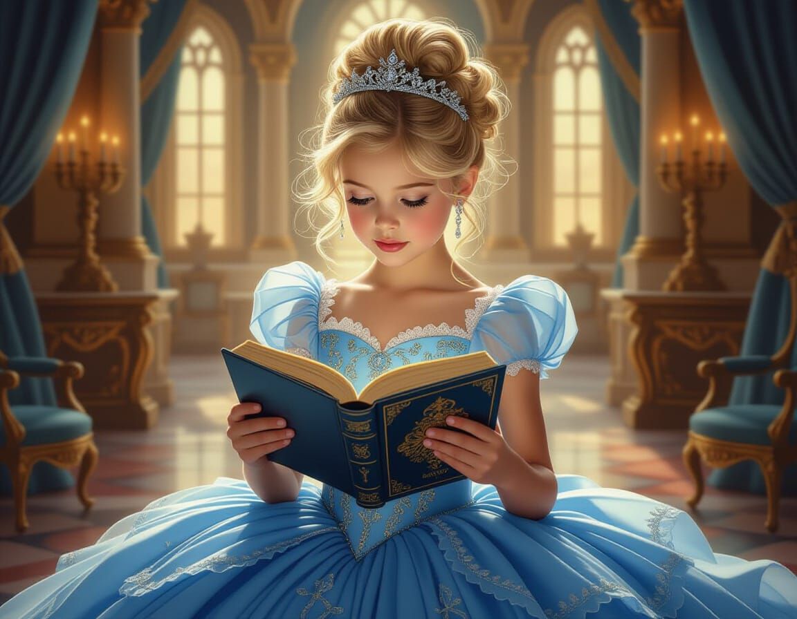 Blonde Girl Reads Fairytale Book in Castle, Whimsical Digita...