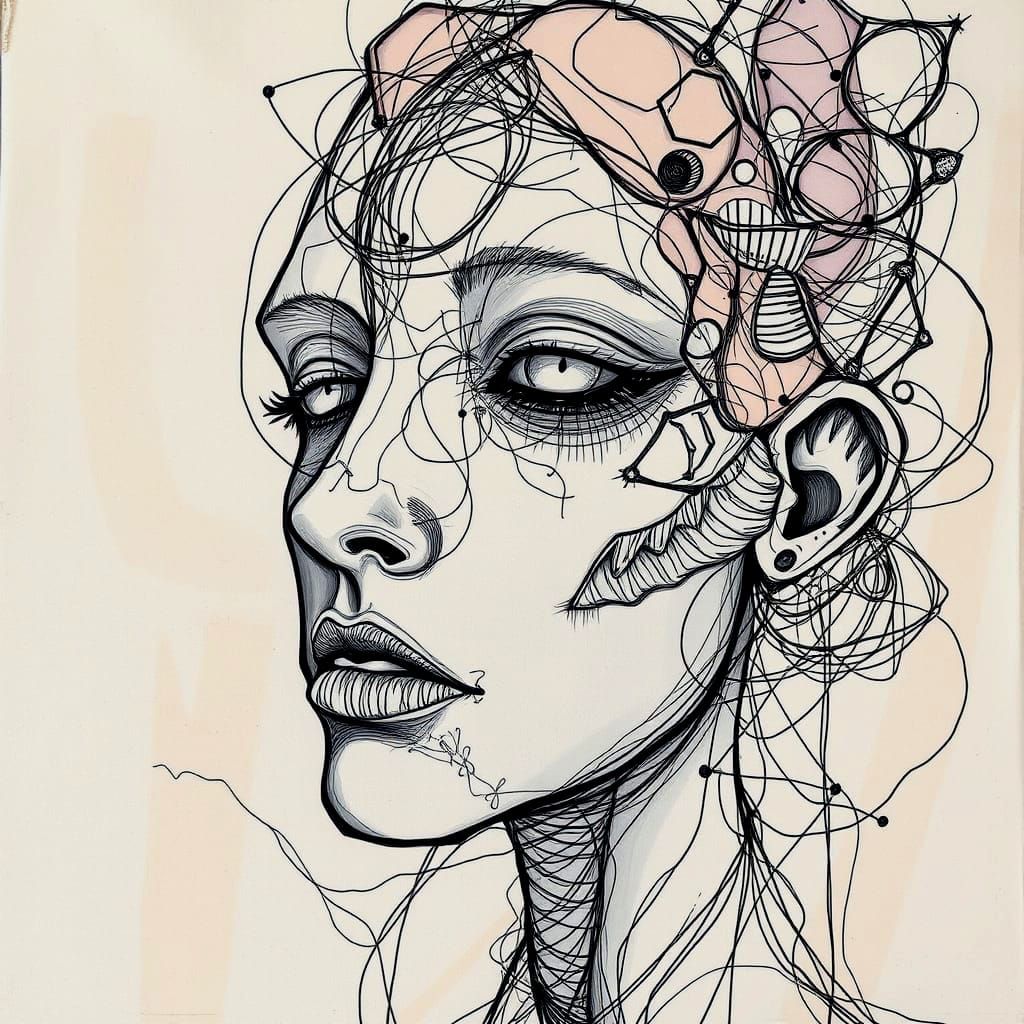 Dreamlike Portrait in Muted Pastels and Intricate Lines