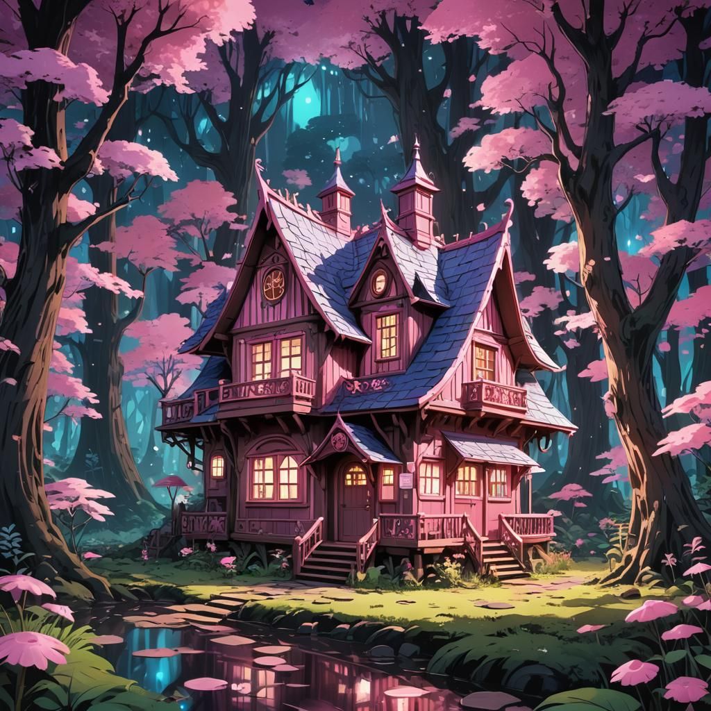 Enchanted Bioluminescent Forest: Pink Chocolate House