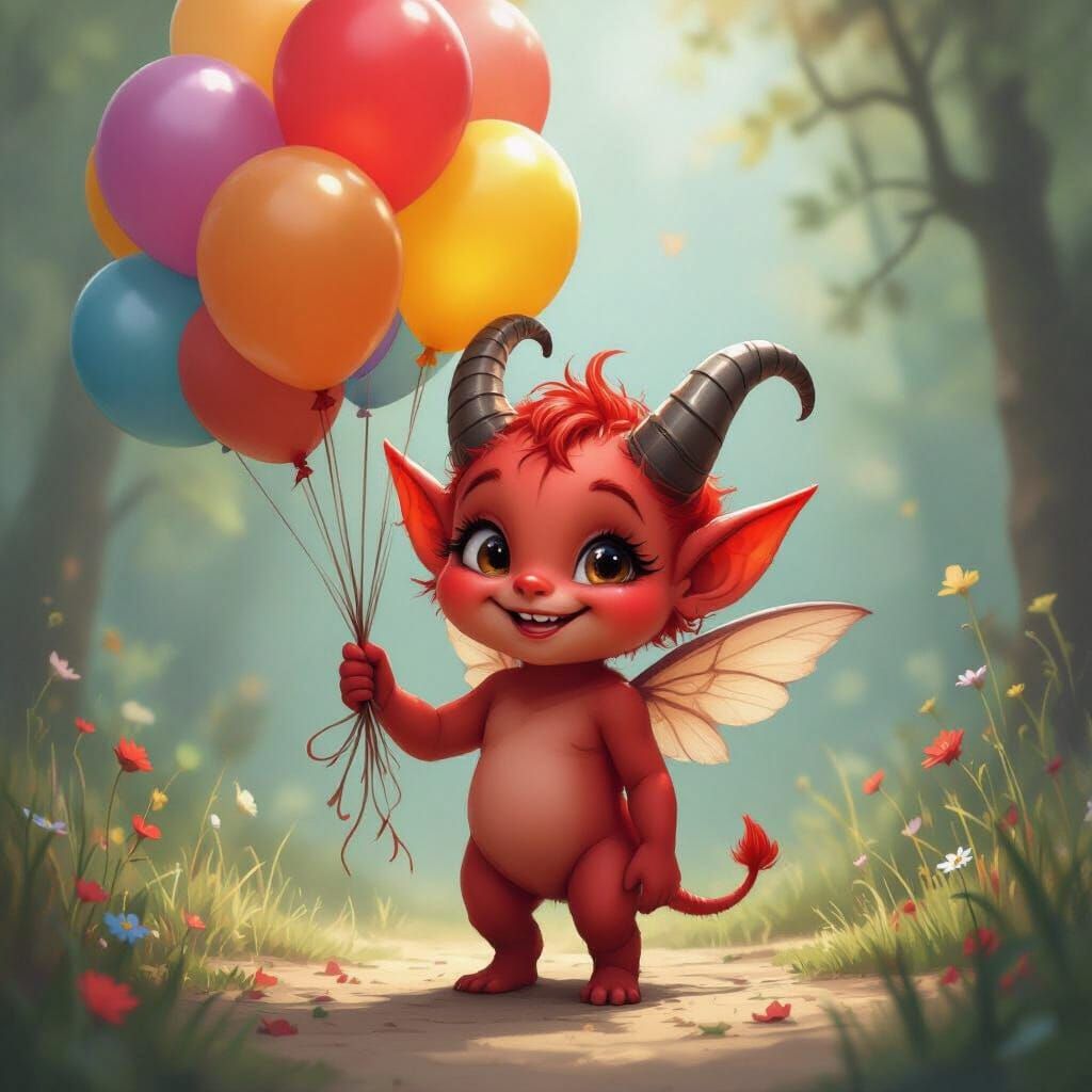 Red Imp with Balloons in Dreamlike Scene