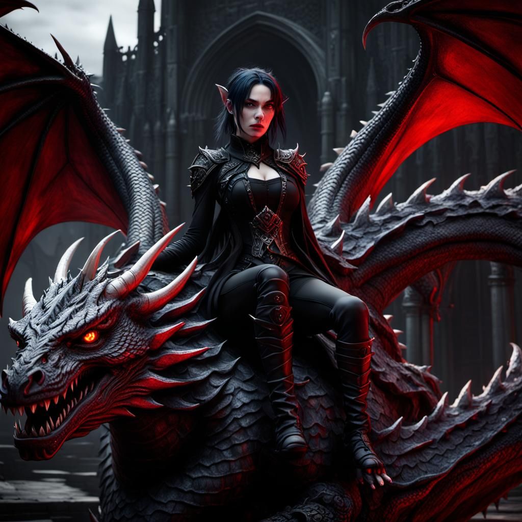 Gothic Girl on Dragon, Dark Fantasy Concept Art