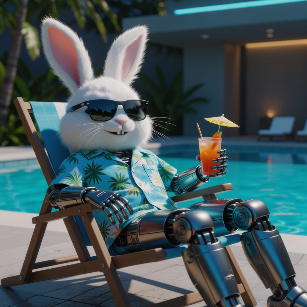 Robotic Zombie Bunny Drinks by the Pool