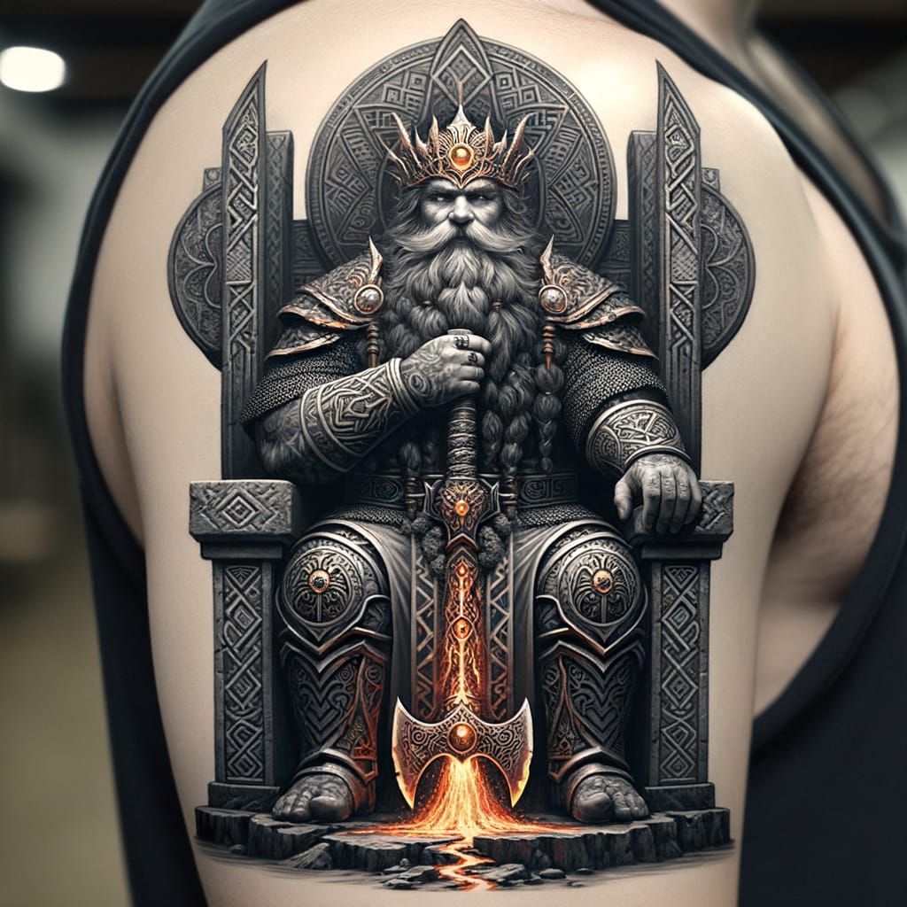 Dwarven King on Stone Throne, Intricate Black and Grey Tatto...