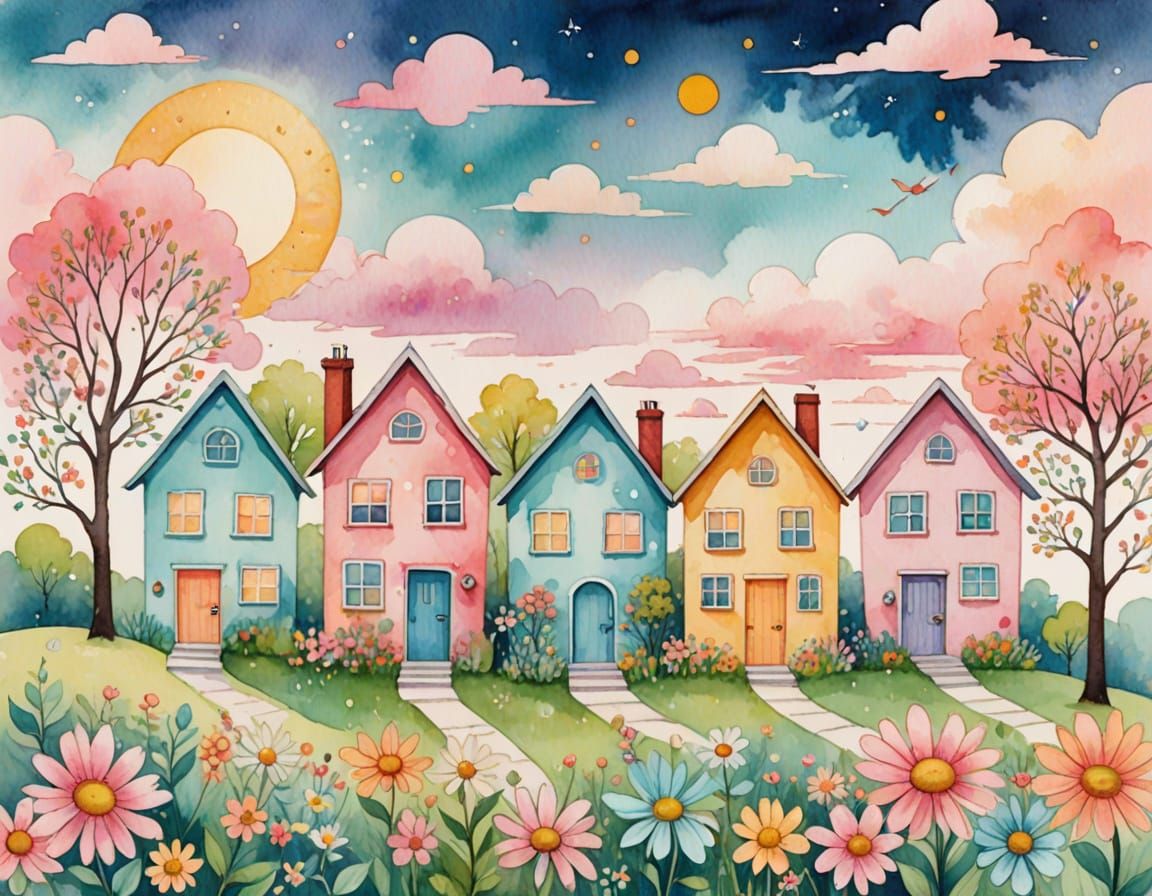 Whimsical Pastel Houses in Dreamy Watercolor Style