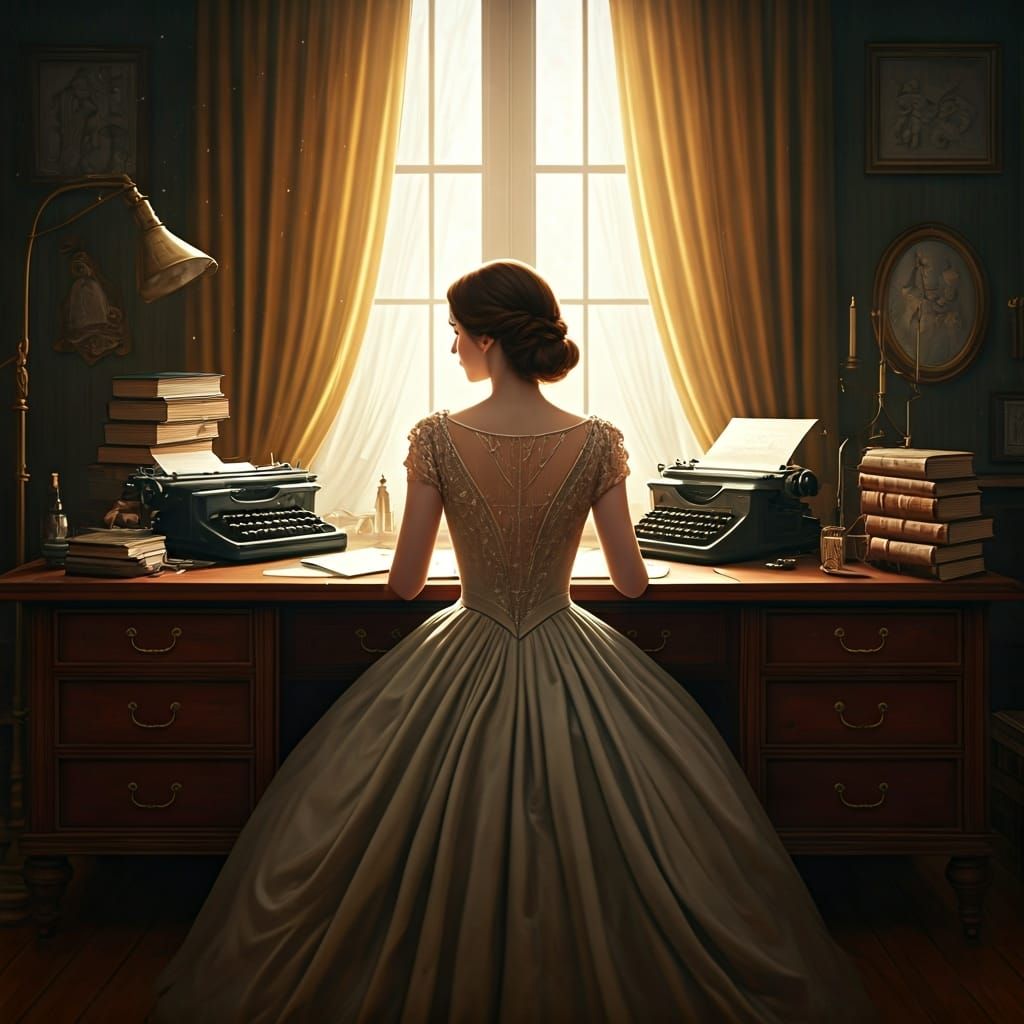 Elegant Woman at Desk with Vintage Typewriters
