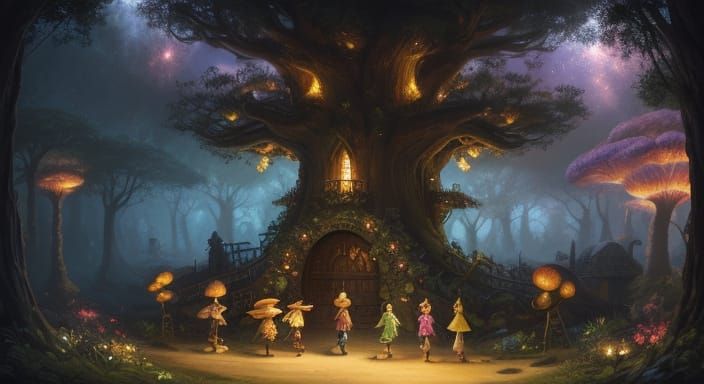 Children Enter Magical Tree Gate in Whimsical Style