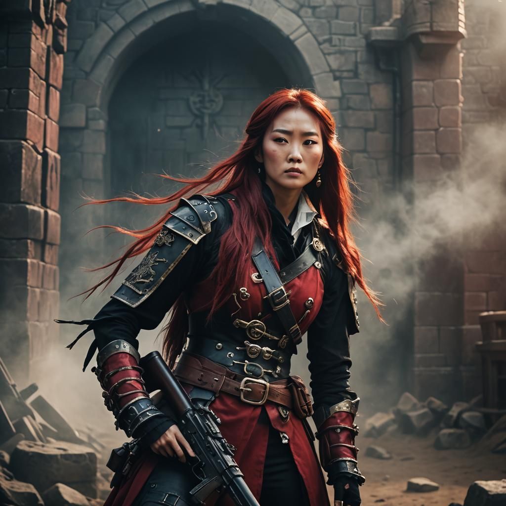 Beautiful Korean Pirate in Red and Black Armor