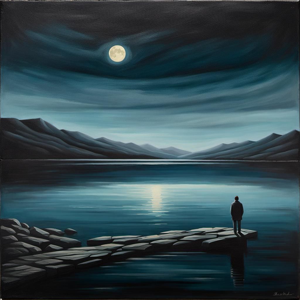 Poignant Oil Painting of Loneliness by Dark Lake