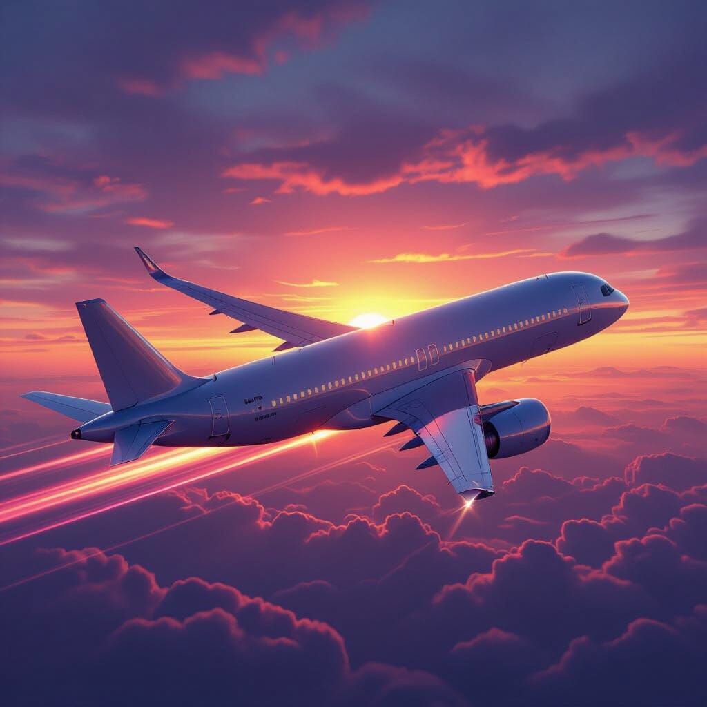 Sleek Silver Airplane in Cinematic Digital Sunset